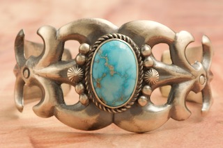 Genuine Kingman Spider Web Turquoise Sterling Silver Bracelet